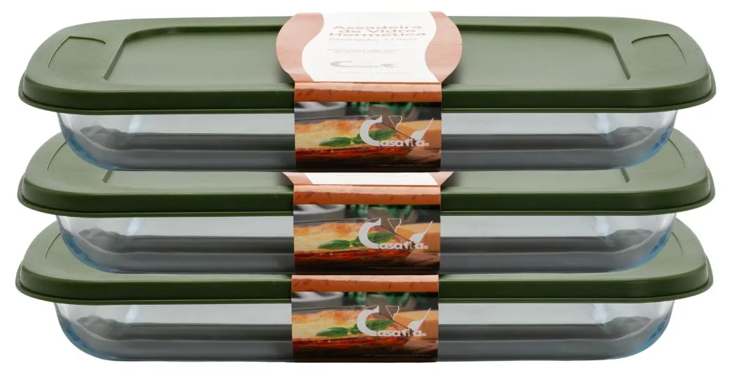 3 Assadeiras Retangular Com Tampa 3l Grande Vidro Lasanheira